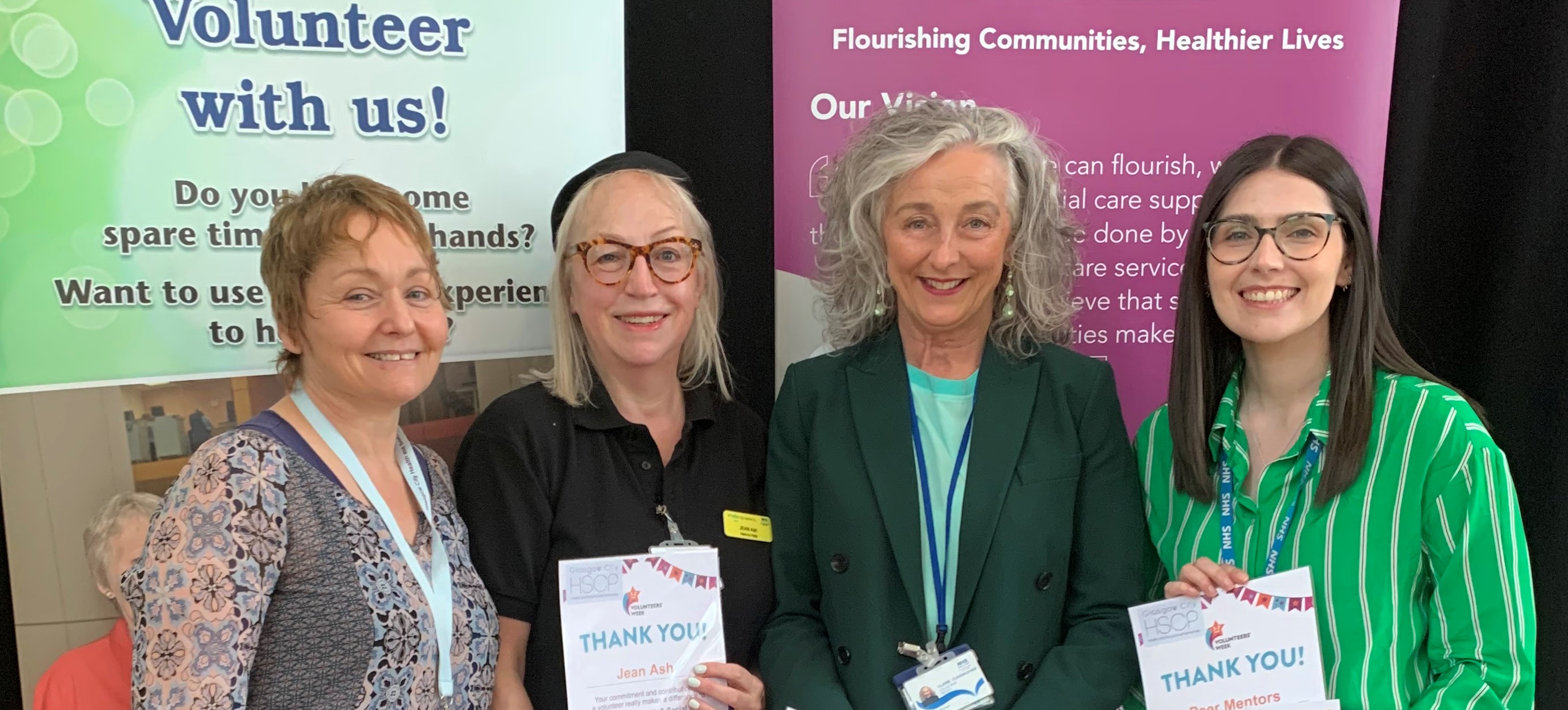 Caption - Volunteers in picture – Claire Cunningham, Arts volunteer, Jean Ash Hub Café Assistant volunteer and Katie Yuile (collecting the award on behalf of the Prison Peer Mentors volunteers) with Fiona Moss.